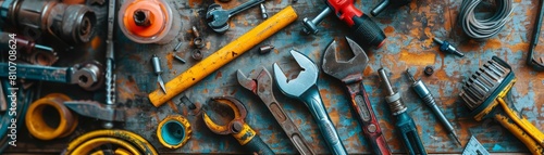 A vibrant closeup image of various hand tools spread out on a workbench, capturing the essence of DIY projects, suitable for hardware store promotions photo