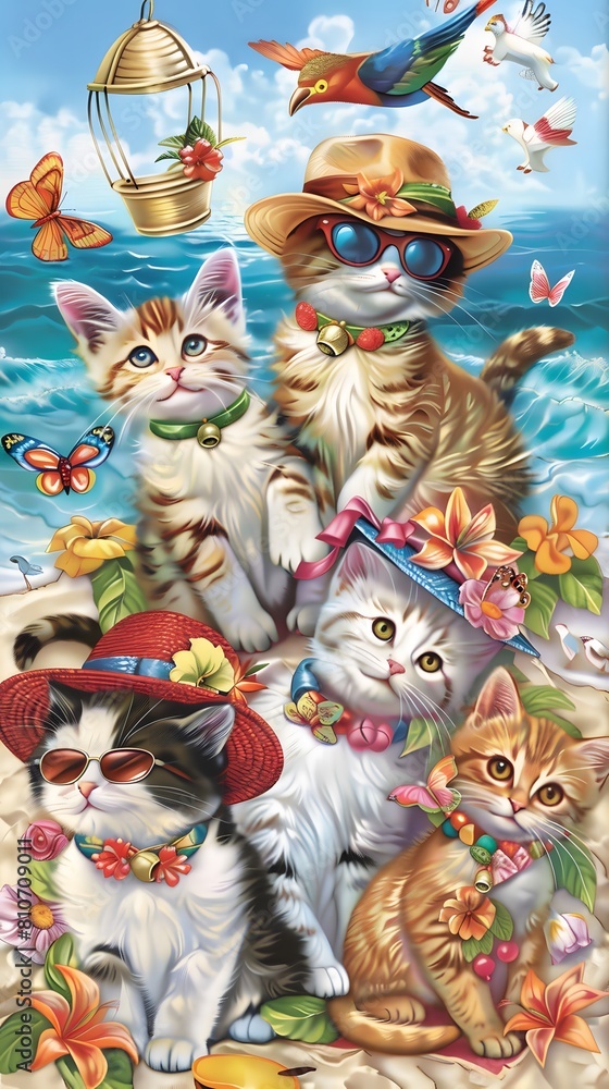 Five Cats on a Beach with Whimsical Accessories and Ocean Background