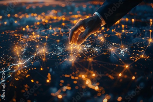 Businessman touching a glowing network of global connections, illustrating international business or cybersecurity