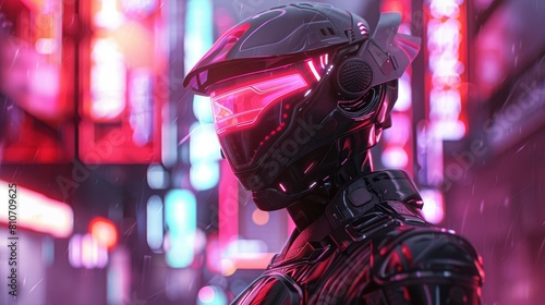 Cybernetic warrior in urban night setting illuminated by vibrant neon lights photo