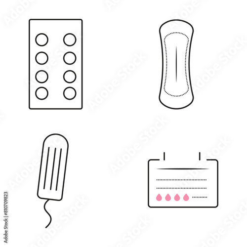 Woman Menstruation Cycle Icons Collection. Gynecological hygiene Products. Pad, Menstrual Cup, Tampons. Feminine Intimate Hygiene for Period. Flat Line Cartoon Vector set with white background.