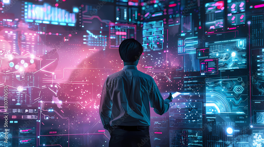 AI cyber security threat illustration, IT specialist analyzing data information technology, augmented reality artificial intelligence collage, copy space - Generated by Generative AI AI cyber security threat illustration, IT specialist analyzing data information technology, augmented reality artificial intelligence collage, copy space - Generated by Generative AI