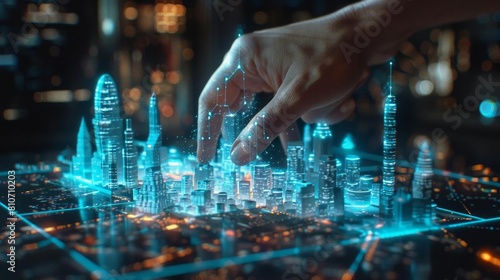 Hand manipulating holographic city data, representing urban planning or futuristic technology concepts