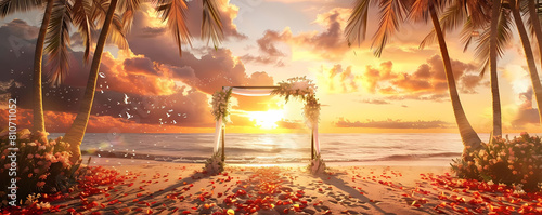 tropical island paradise beach wedding background featuring a stunning sunset over calm waters, framed by a lush palm tree photo