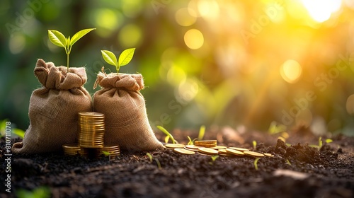 Sunlit stacked gold coins and flourishing money bag tree on wooden surface in public park - Conceptual representation of savings growth and business investment opportunities photo