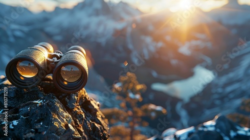Rugged binoculars atop a mountain gazing into a sunlit valley below photo