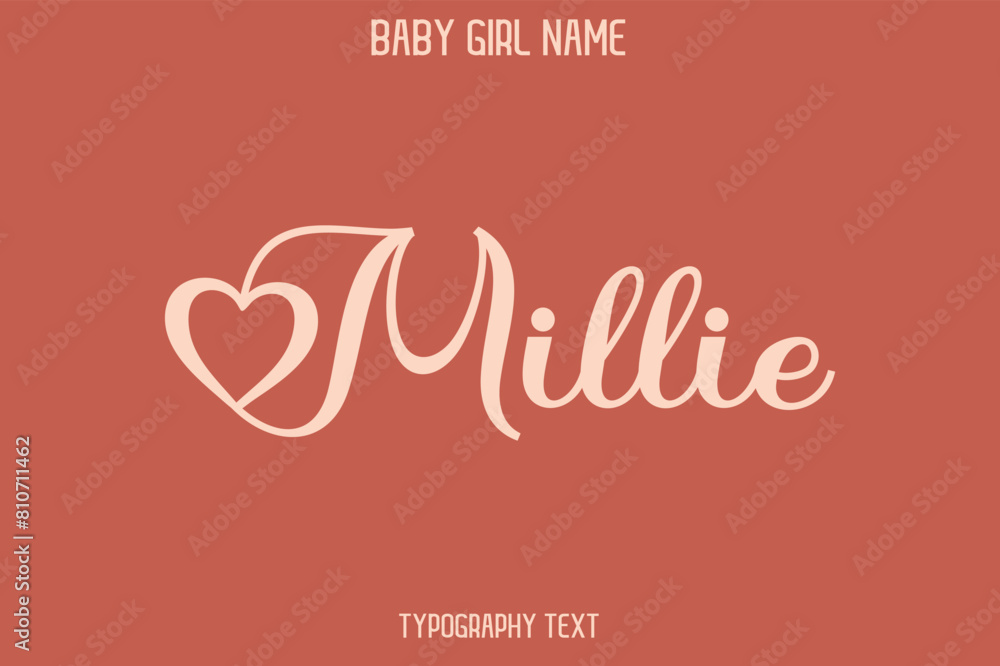 Millie Woman's Name Cursive Hand Drawn Lettering Vector Typography Text on Dark Pink Background Millie Woman's Name Cursive Hand Drawn Lettering Vector Typography Text on Dark Pink Background