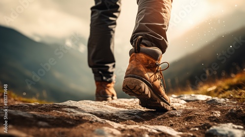 A man trekking up a mountain trail  showcasing a close-up of his sturdy leather hiking boots.