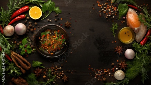 A flavorful food background featuring spices, herbs, and kitchen tools. Top view.