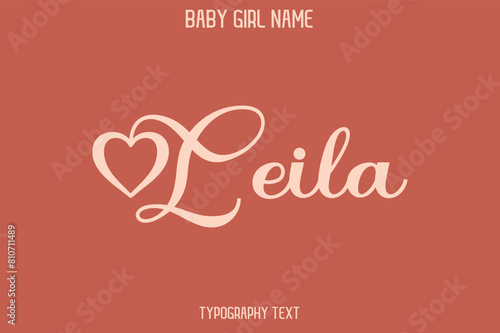 Leila Woman's Name Cursive Hand Drawn Lettering Vector Typography Text on Dark Pink Background photo