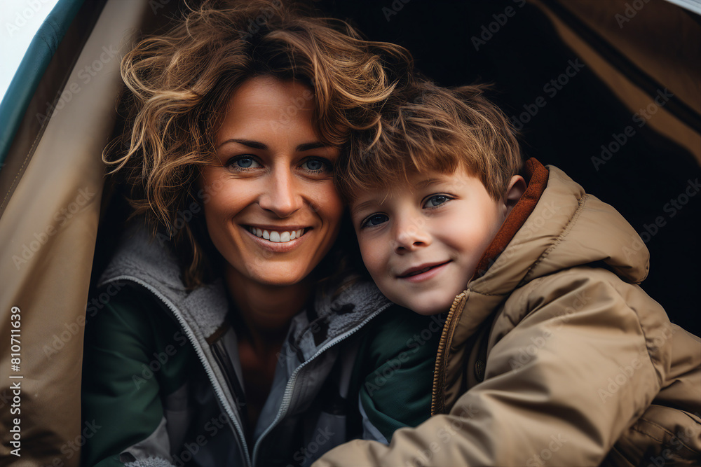Family leisure weekend vacation on camping tent in wild nature relaxation Generative AI technology illustration Family leisure weekend vacation on camping tent in wild nature relaxation Generative AI technology illustration