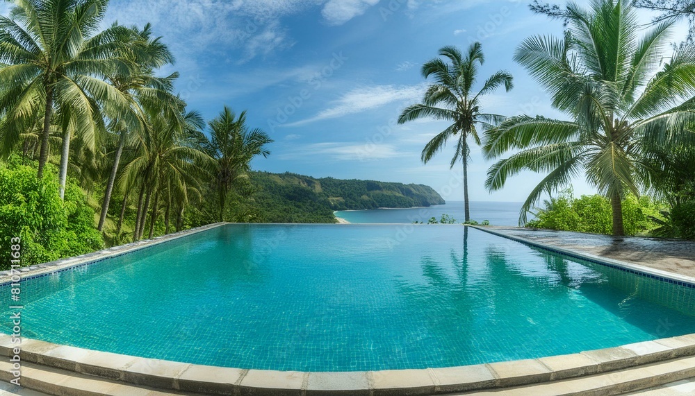 view of the sea from the mountain, pool in the tropical resort, landscape with lake and mountains, Exotic oasis in bali, a tropical swimming pool, nestled amidst the breathtaking scenery 
