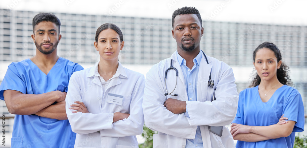 Doctors, outdoor and confident portrait for medicine, medical service and healthcare solidarity. Collaboration, unity and teamwork or trust in staff or employees, diversity and proud of insurance Doctors, outdoor and confident portrait for medicine, medical service and healthcare solidarity. Collaboration, unity and teamwork or trust in staff or employees, diversity and proud of insurance