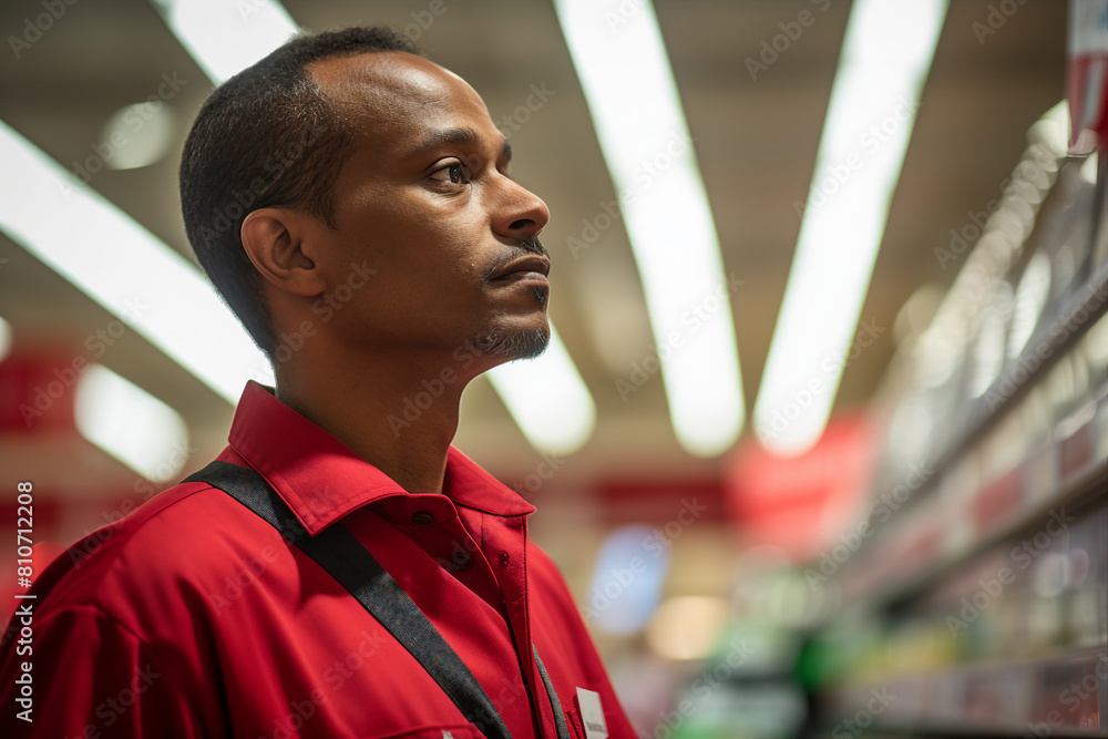 Fototapeta premium Friendly experienced supermarket store department worker professional at workplace Generative AI illustration