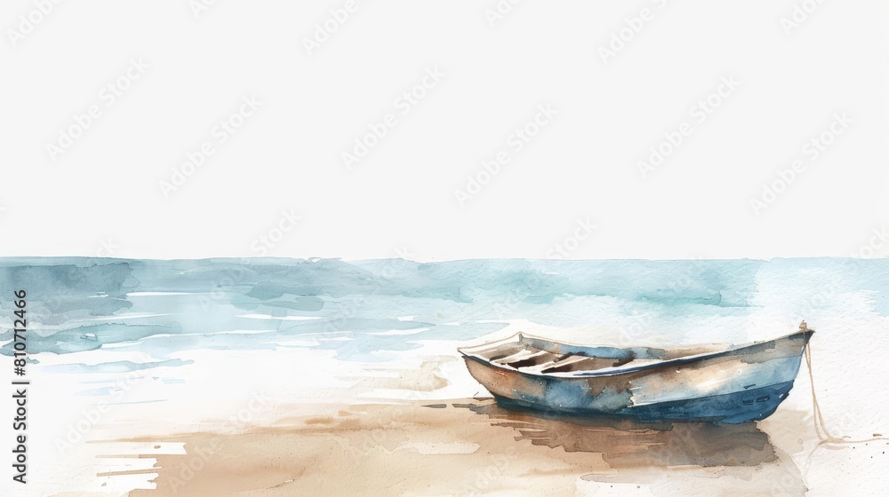 A beautiful watercolor of a serene beach scene, evoking peaceful solitude, isolated minimal with white background