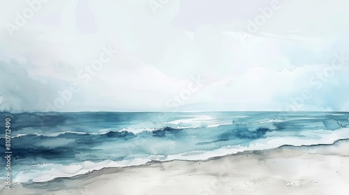 A beautiful watercolor of a serene beach scene  evoking peaceful solitude  isolated minimal with white background