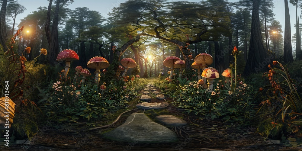 A natural landscape with mushrooms and trees on a path in the forest