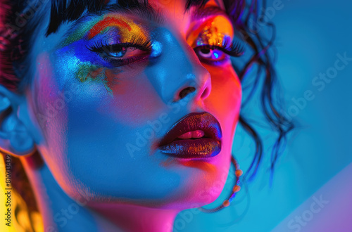 A beautiful korean woman with colorful makeup  neon colors  pink and blue light in the background  high contrast  closeup portrait photography