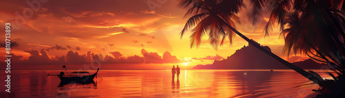 tropical paradise island sunset illustration featuring a small boat on calm waters  framed by a palm tree and an orange sky