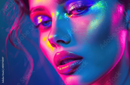 A beautiful korean woman with colorful makeup, neon colors, pink and blue light in the background, high contrast, closeup portrait photography © Kien