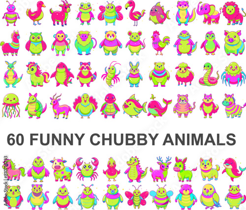 Set 60 expressive, cheerful, colorful chubby cute Animals cut out transparent background 