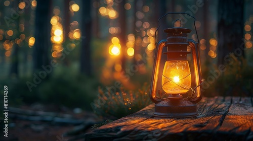 Vintage lantern on a timber table shining light in evening woodland photo