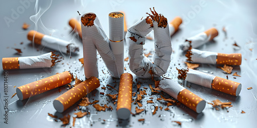 NO written with broken cigarettes isolated on gray background. Conceptual image with advertising style for World no tobacco day and stop smoking campaign concept.