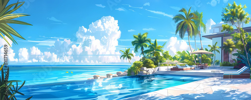 tropical paradise resort illustration featuring a white umbrella, blue sky, and blue water, with a building in the background and a blue shadow adding depth to the scene