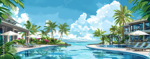 tropical paradise resort illustration featuring white umbrellas, blue chairs, and a blue building overlooking the ocean under a clear blue sky with white clouds