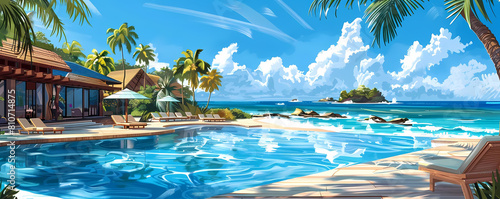 tropical paradise resort illustration featuring a blue pool surrounded by lush palm trees  with white and brown chairs providing comfortable seating under a clear blue sky with white clouds