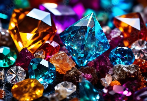 illustration  vivid macro views crystals gemstones sparkling details  minerals  shiny  transparent  colorful  beauty  light  reflection  precious  rocks  geology 