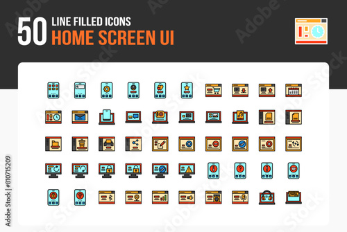 Set of 50 Home Screen icons related to home, search, Settings, User Line Filled Icon collection