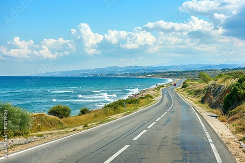 highway view on ocean beach. road landscape in summer. Landscape of a highway in the Mediterranean. The car is driving on the roads of Europe. coastal road in Europe. Colorful seascape of the Mediterr