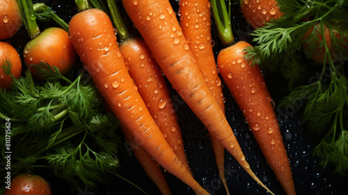 Summer fruit Carrot seamless background, adorned with glistening droplets of water. Top down view