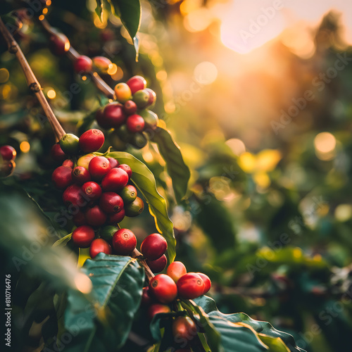 Red coffee cherries on coffee tree in a farm  with natural sunlight and bokeh background