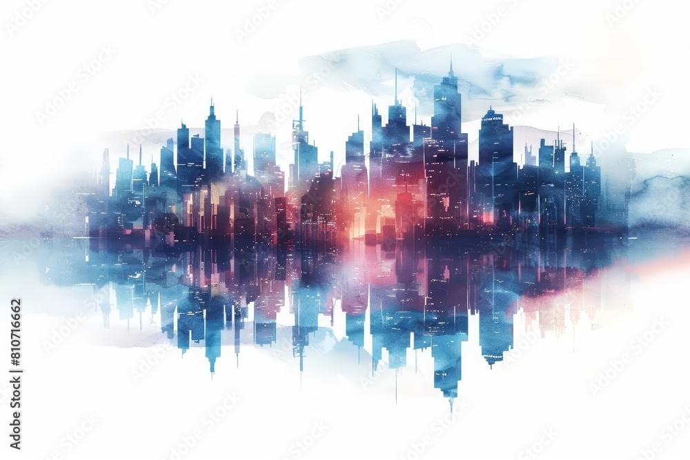 A futuristic watercolor of a city skyline at dusk, glowing with lights, isolated white background