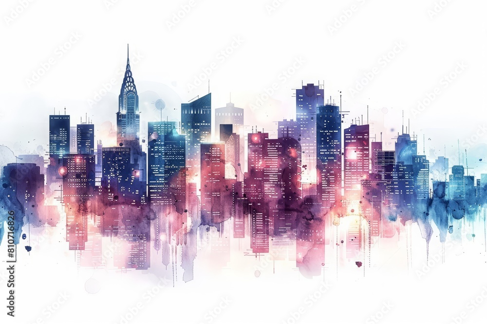 Obraz premium A futuristic watercolor of a city skyline at dusk, glowing with lights, isolated white background
