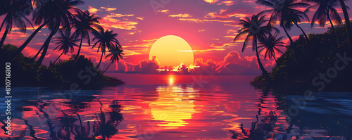 tropical paradise sunset background featuring palm trees  calm water  and a vibrant orange sky