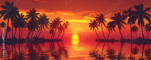 tropical paradise sunset background with palm trees, calm water, and an orange sky