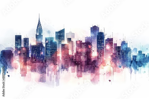 A futuristic watercolor of a city skyline at dusk, glowing with lights, isolated white background