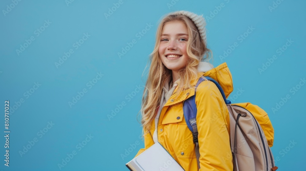Obraz premium Happy Student with Yellow Backpack