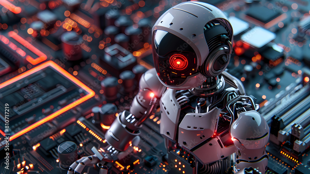 Fototapeta premium Digital representation of AI Artificial intelligence chatbot welded or connected to the computer motherboard - Generated by Generative AI