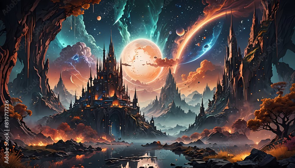 Obraz premium Fantasy Royal Castle Theme With a Galaxy Sky filled with planets