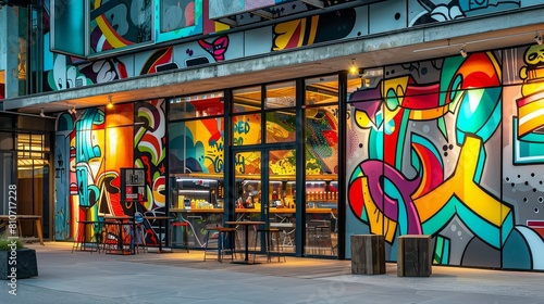 Graffiti Art of a vibrant, streetart inspired skate shop facade, with dynamic, colorful murals depicting iconic skateboarding tricks like the ollie and kickflip photo