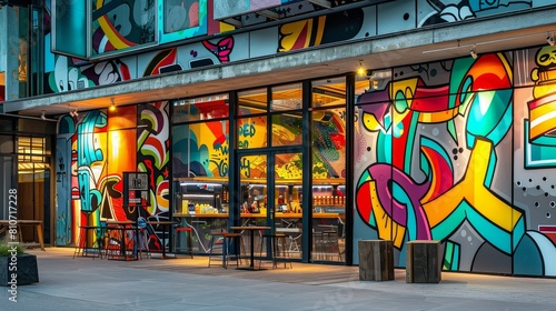 Graffiti Art of a vibrant, streetart inspired skate shop facade, with dynamic, colorful murals depicting iconic skateboarding tricks like the ollie and kickflip