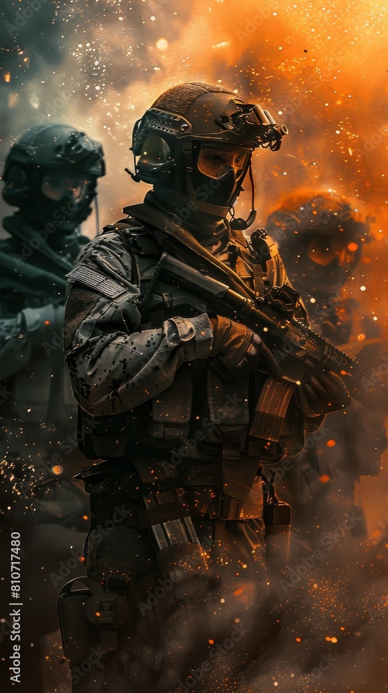 Photomanipulation of a tactical unit equipped with radiation shielding and fireresistant material, shown in a timetravel paradox scene blending historical and futuristic elements Photomanipulation of a tactical unit equipped with radiation shielding and fireresistant material, shown in a timetravel paradox scene blending historical and futuristic elements