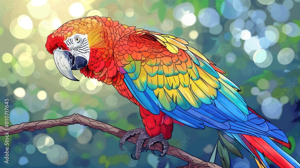 Fototapeta premium coloring book A beautiful scarlet macaw parrot is sitting on a branch in the jungle. The parrot has bright red, yellow, and blue feathers.