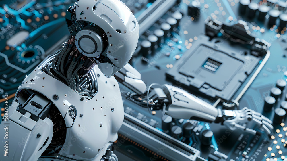 Fototapeta premium Digital representation of AI Artificial intelligence chatbot welded or connected to the computer motherboard - Generated by Generative AI