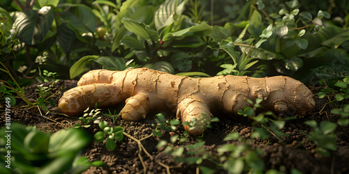 Organic ginger root fresh Spicy, fruity, delicious. A pile of ginger with green leaves on top of it 