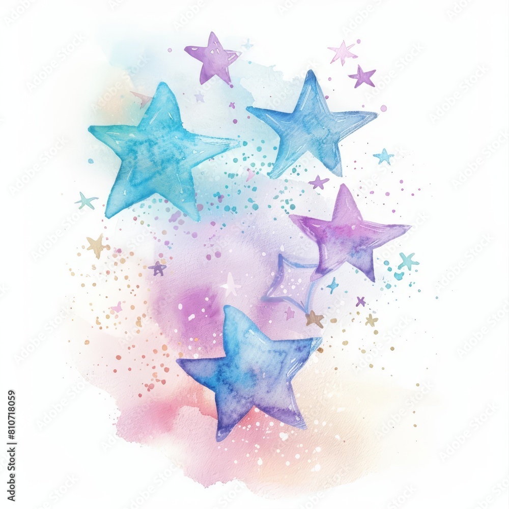 Obraz premium A kawaii watercolor of a cluster of stars, twinkling softly, isolated minimal with white background